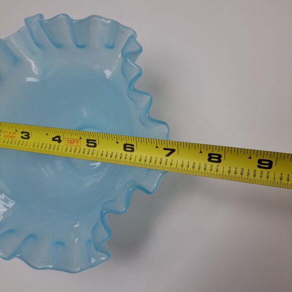 Fenton Blue Glass Bowl With Ruffled Crimped Edge - Picture 12 of 13